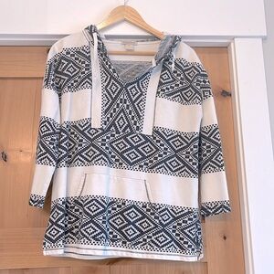 LUCKY BRAND Baja Ikat Southwestern White/Blue Print Pullover Hoodie Top